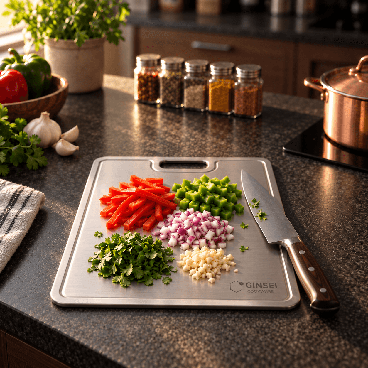 The GINSEI titanium cutting board with chopped vegetables on a kitchen counter