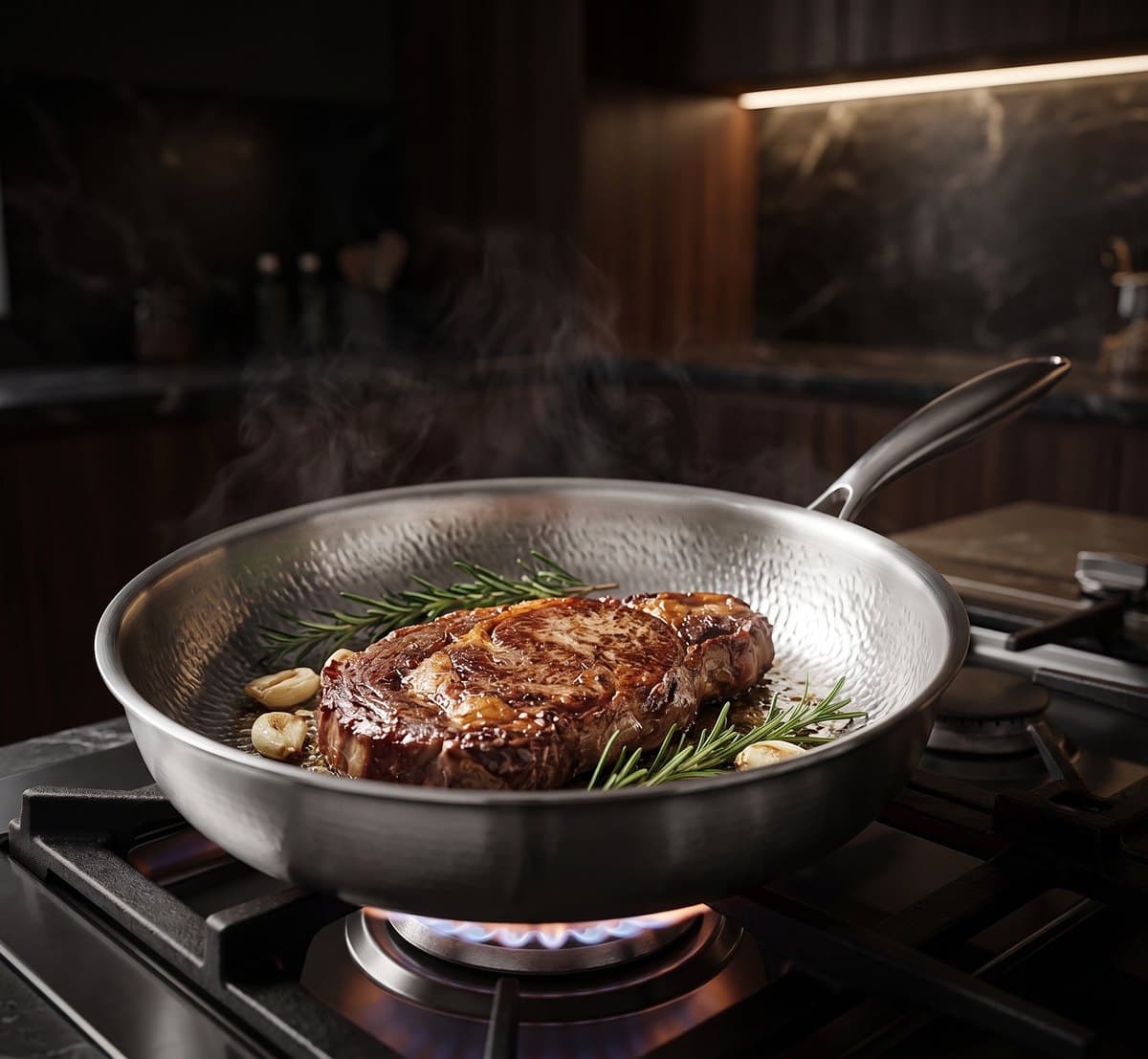 Searing a steak in the GINSEI pan on the stovetop